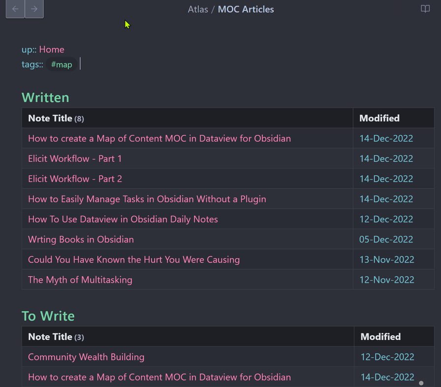 How to create a Map of Content (MOC) using Dataview in Obsidian